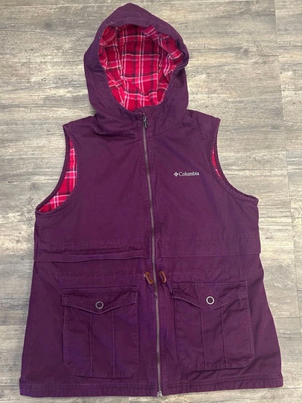 Columbia Girls' Plum Hooded Vest with Red Plaid Lining
